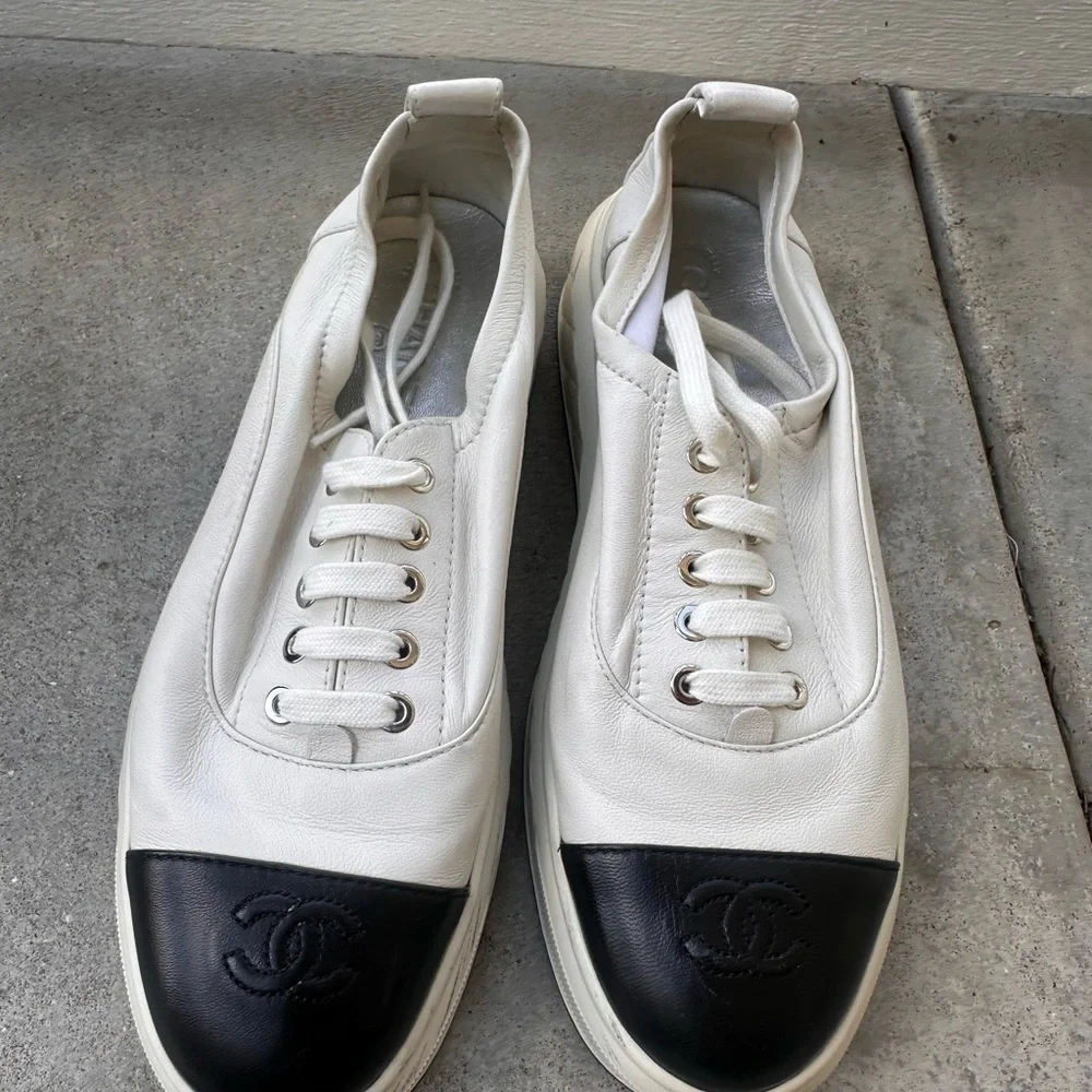 Chanel White and Black Leather Sneakers - Picture 12 of 16
